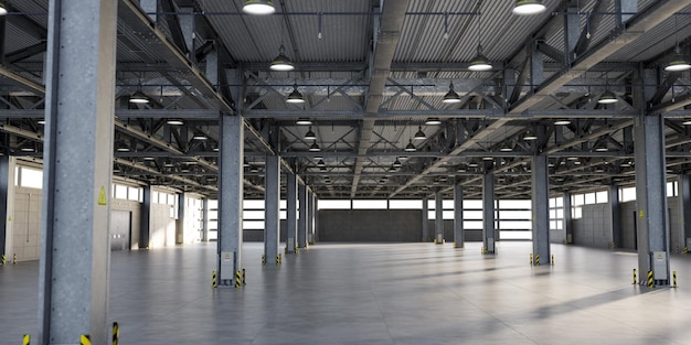 Almacén moderno Fábrica o almacén o edificio industrial diseño de interiores con piso de hormigón pared de acero y espacio vacío para la industria fondo renderización 3d