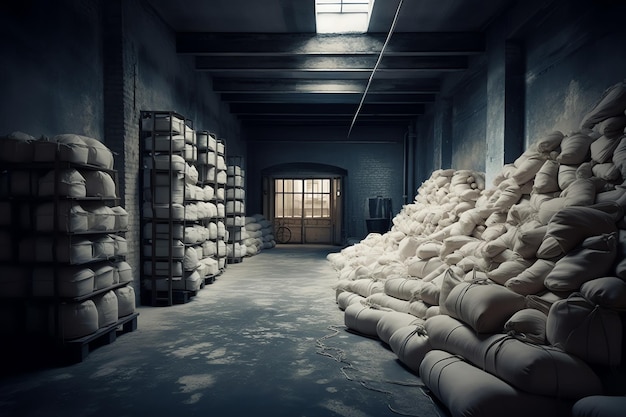 Un almacén con un montón de bolsas de café en el suelo.
