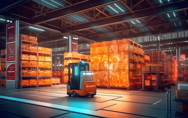 Un almacén con un pequeño vehículo naranja frente a una caja grande con la palabra comida.