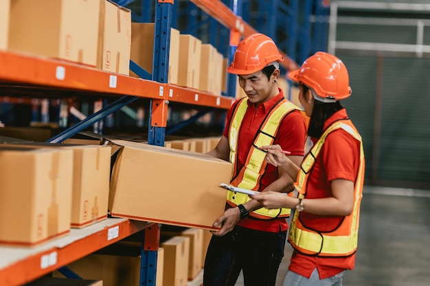 Almacén personal trabajador carga inventario productos caja tienda casa con trabajador asiático hombre y mujer trabajando juntos