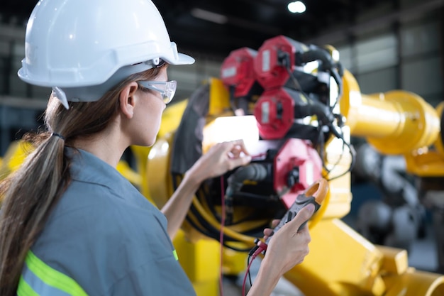 En el almacén de robots, una ingeniera inspecciona el sistema eléctrico de cada brazo robótico antes de entregarlo al cliente