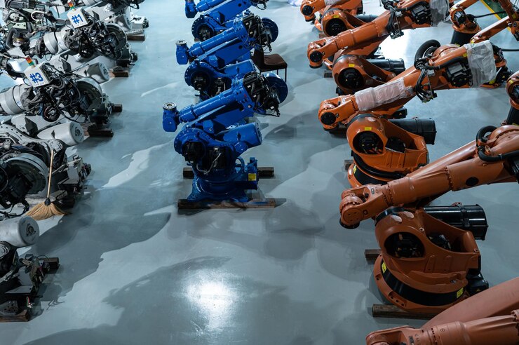 Foto almacén de robots un lugar para almacenar el brazo robótico para inspeccionar el programa y probar
