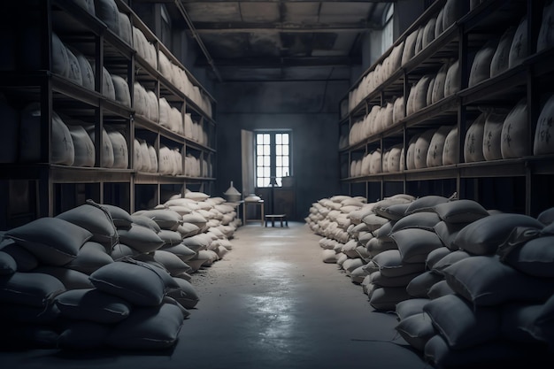 Un almacén con sacos de arroz en el suelo.