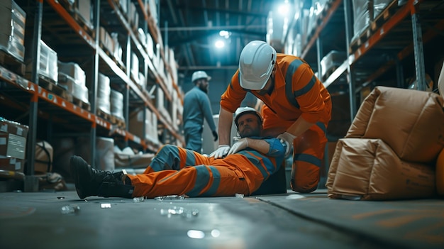 Foto en un almacén un trabajador con un traje naranja ayuda a otro que está herido en el suelo