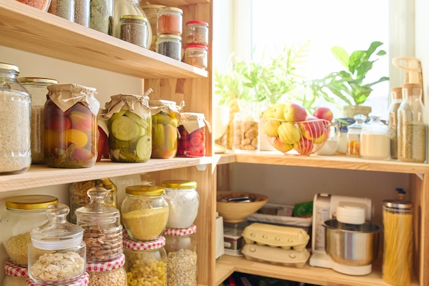 Foto almacenamiento de alimentos en la cocina en la despensa.