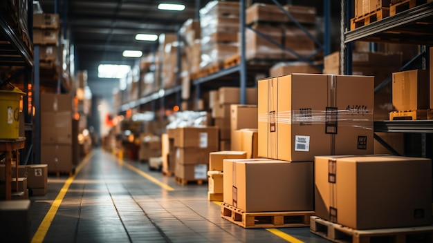 Almacenamiento de cajas dentro de un gran almacén industrial de mercancías en estanterías y estantes