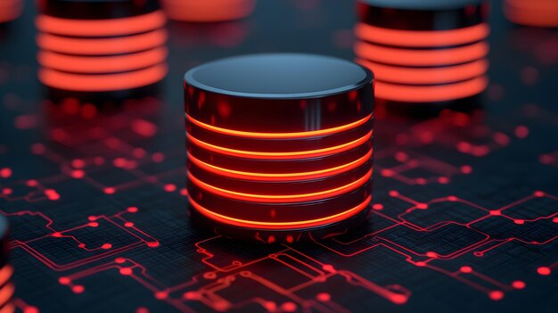 Almacenamiento de datos futurista con circuitos rojos brillantes