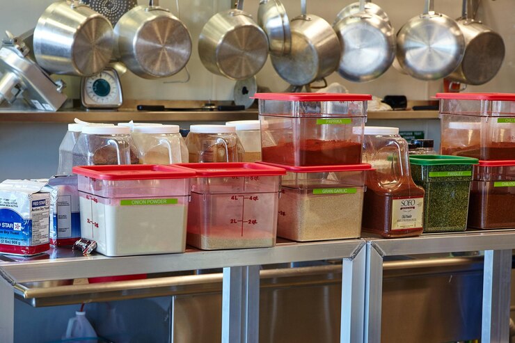 Almacenamiento de ingredientes de cocina comercial y configuración de utensilios de cocina