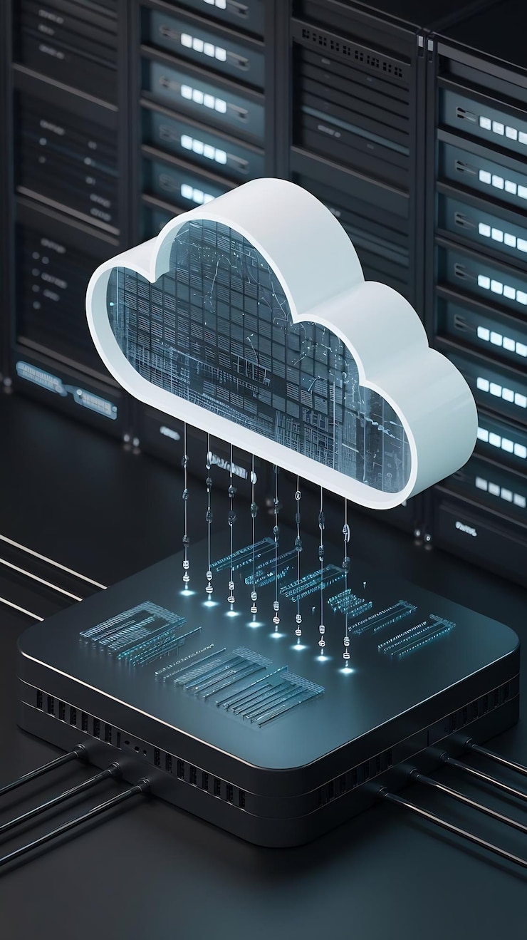 Foto almacenamiento en la nube para la descarga de un servicio o aplicación digital isométrica con transmisión de datos
