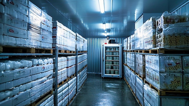 Foto almacenamiento organizado dentro de un almacén moderno con paletas y cajas cuidadosamente dispuestas para una distribución eficiente