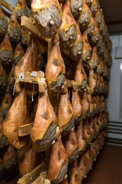 Almacenamiento de prosciutto en una fábrica de jamón en Bolonia, Italia