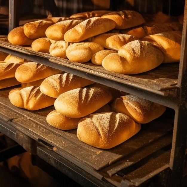 almacenamiento y transporte de panes recién horneados en una panadería para su venta