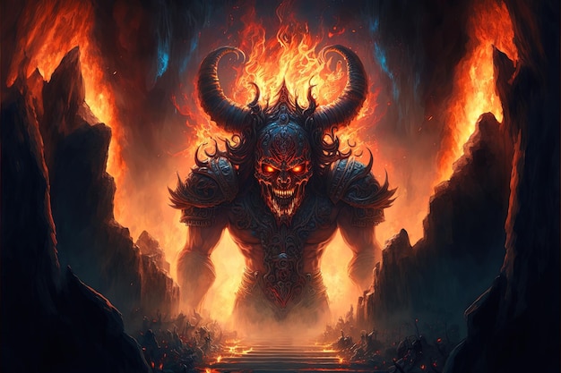 Almas ardiendo en el infierno Ilustración de fantasía Monstruo demoníaco Lucifer la puerta al fuego del infierno IA generativa