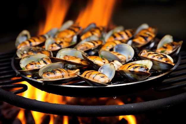 Almeja chisporroteando en una parrilla caliente