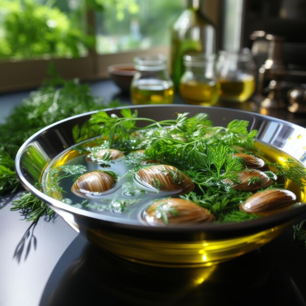 Almejas a la Marinera Amêijoas cozidas em vinho branco e caldo de alho Cozinha espanhola