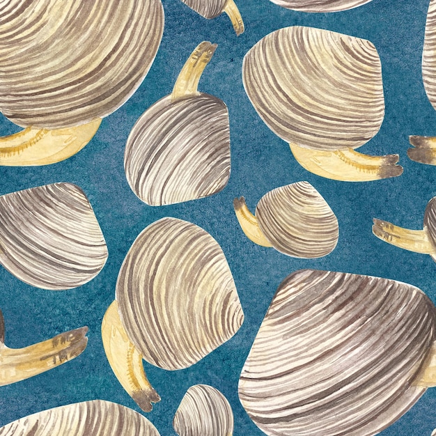 Almejas en una concha acuarela patrón sin costuras en fondo azul arte de clip dibujado a mano de alta calidad para cuadernos libro de recetas de cocina tarjetas de menú pegatinas platos turísticos anuncios y diseño de envases