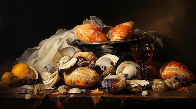 Almejas conchas de almejas en pintura al óleo de mesa fondo oscuro