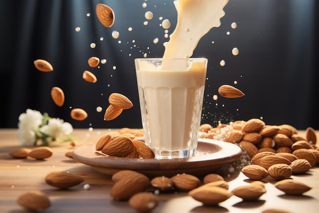 Las almendras bailan con gracia cayendo en una taza llena de leche en medio de un paisaje impresionante