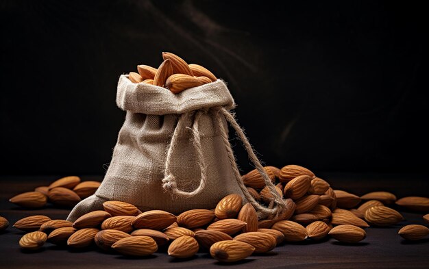 Las almendras en la bolsa de Sacking en fondo oscuro