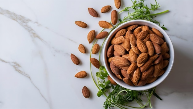 Almendras en un cuenco sobre un fondo de mármol