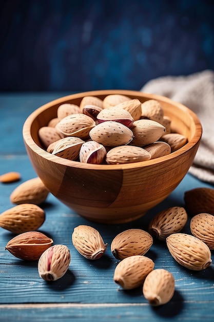 Foto almendras frescas en un cuenco de madera