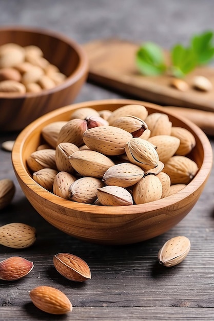 Foto almendras frescas en un cuenco de madera