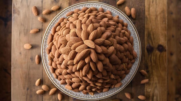 Las almendras frescas en la vista de la bandeja de cerámica