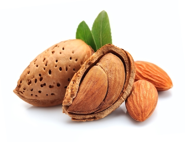 Almendras con hojas sobre fondo blanco.