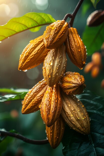 Foto las almendras maduras cerca de la rama del árbol los beneficios para la salud de los granos de cacao