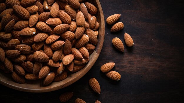 Almendras en un plato de madera