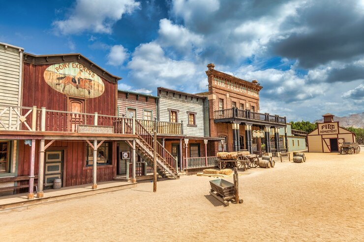 Foto almeria, spain - cerca de agosto de 2020: vintage far west town com saloon. arquitetura de madeira antiga no oeste selvagem com fundo de céu azul.
