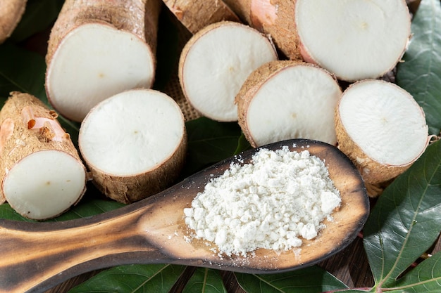 Almidón de yuca crudo en la mesa de madera Manihot esculenta