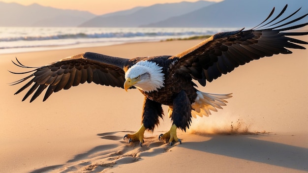 Foto almoçando-se no caloroso brilho do pôr-do-sol, uma águia careca faz o seu caminho para uma praia de areia e sai