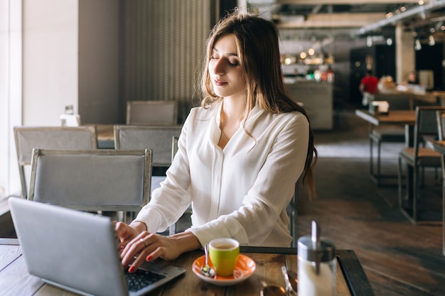 Almoço de senhora de negócios. trabalhando em um café com laptop