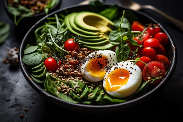 Almoço de tigela de buda vegetariano verde saudável com ovos