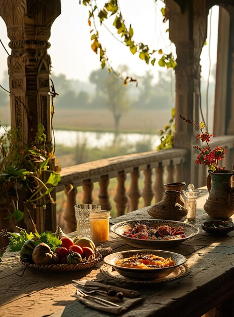 almoço em um prato grande em uma varanda com vista para um campo com água do lado