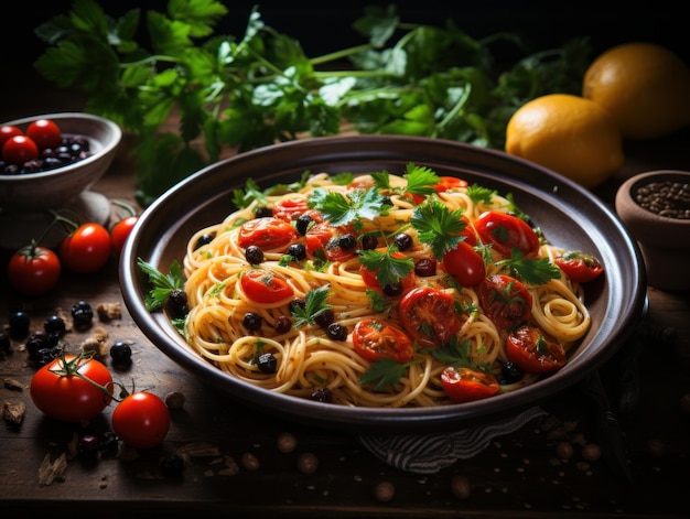 Almoço italiano Spaghetti alla puttanesca prato de massa italiana com tomate