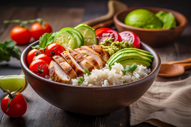 Almoço saudável com arroz, frango, abacate, tomate e manjericão Generative AI