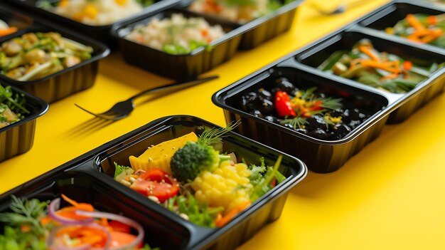 Foto almoço saudável no local de trabalho pegue comida em recipientes pretos com talheres em um y ia geradora