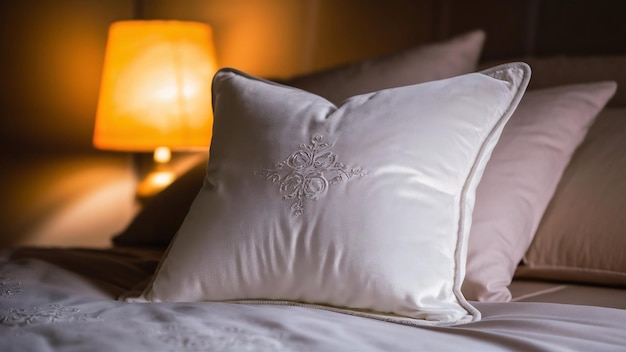 Almofada branca na cama com lâmpada de luz