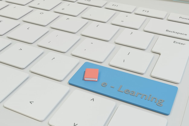 Almofada de E-learning no teclado branco, renderização 3D do conceito de escola on-line