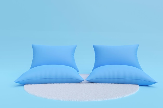 Foto almofada macia azul no fundo do tapete branco para renderização em 3d do produto