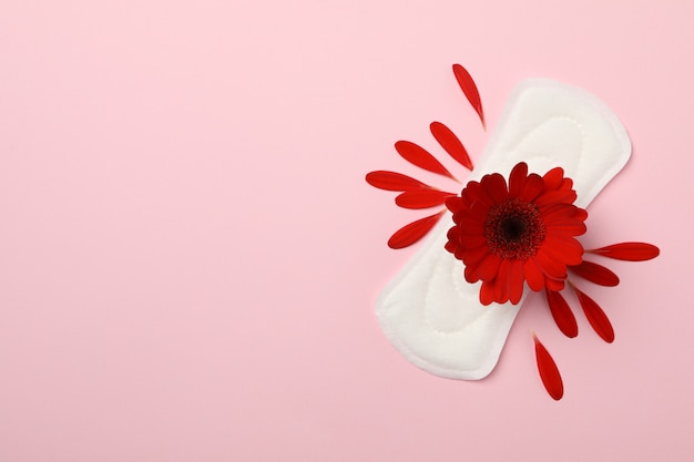 Foto almofada sanitária com gerbera na superfície rosa