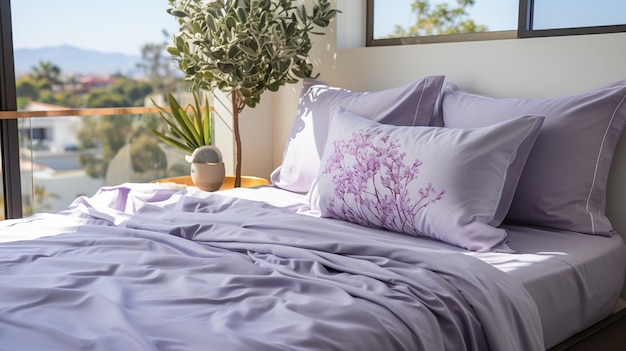 Foto almofadas brancas na cama com planta verde no interior do quarto moderno