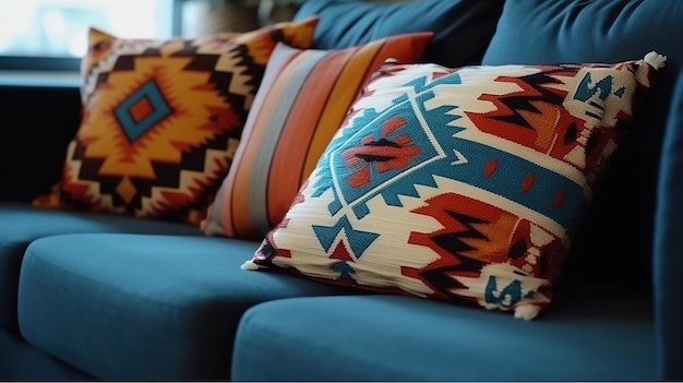 Almofadas com um padrão no sofá no interior IA gerativa
