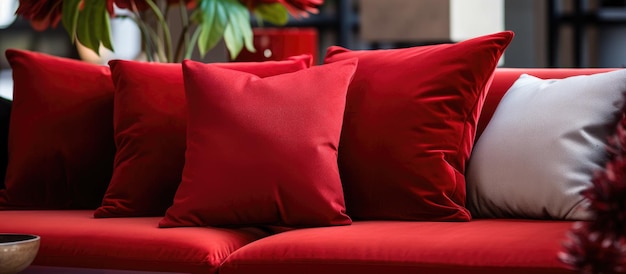 Almofadas decorativas vermelhas no sofá moderno