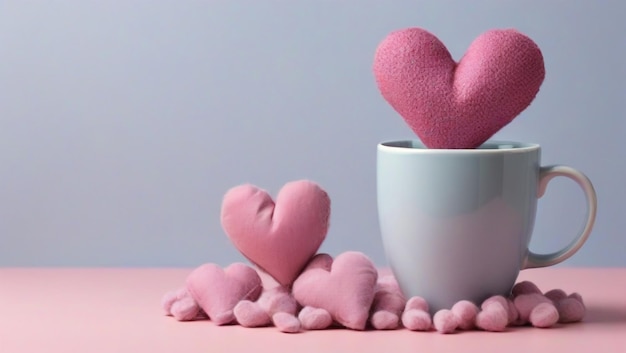 almofadas em forma de coração saindo de uma xícara de café conceito de dia da mulher