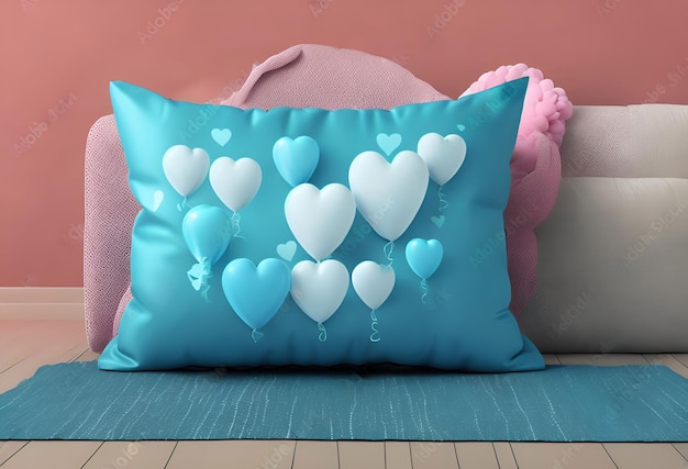 Almohada azul con corazones en el suelo.