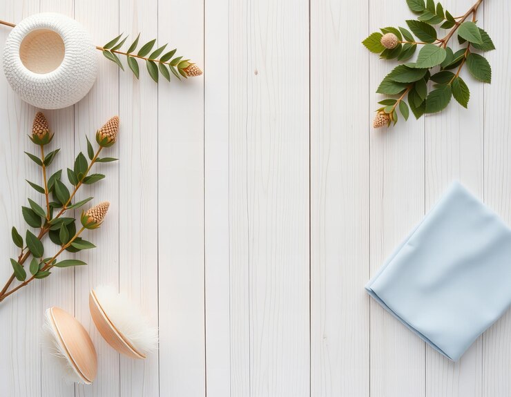 una almohada azul con flores en un fondo de madera blanca