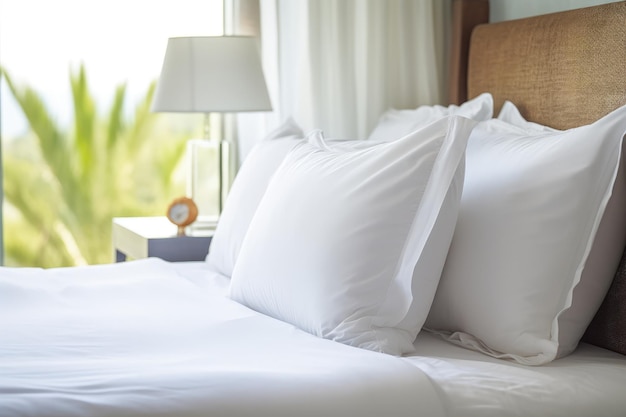 Almohada blanca en la cama del dormitorio del hotel que proporciona comodidad y mejora la decoración interior